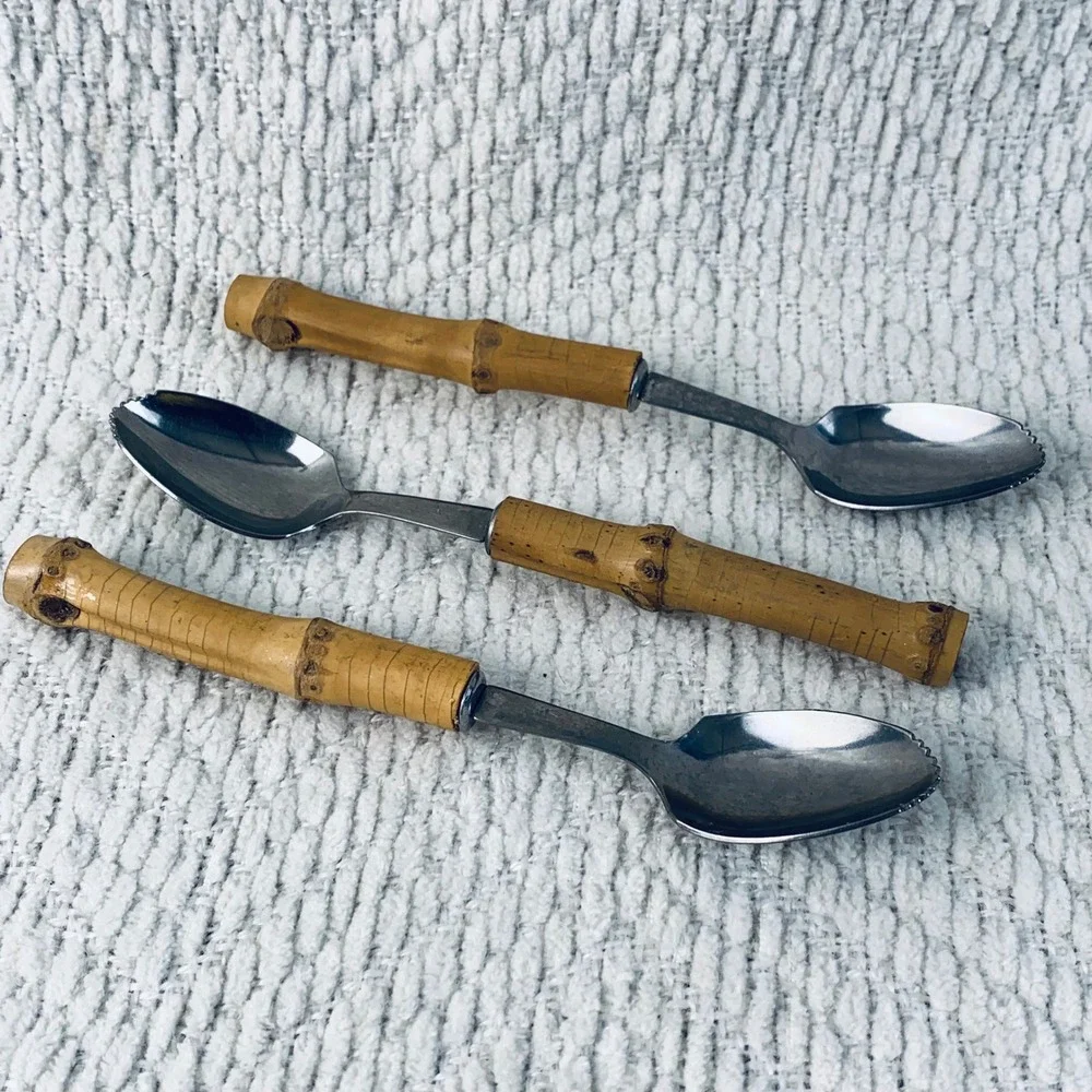 3 Grapefruit Spoons Tan Bamboo Handle Serrated Stainless Tiki Boho Japan Vintage